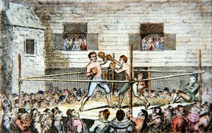 En sparringskamp på fives-banen, London, fra et tryk udgivet i 1812 (farve litho)