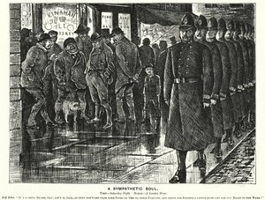 Punch tegneserie: A Sympathetic Soul - politi i Londons slumkvarterer (gravering) af George (after) Du Maurier