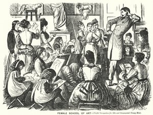 Punch tegneserie: Female School of Art (nyttig beskæftigelse for ledige og dekorative unge mænd) (gravering)