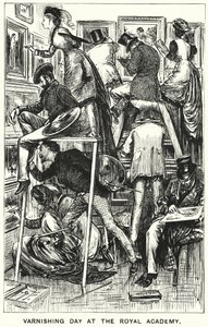 Punch tegneserie: Varnishing Day at the Royal Academy (gravering) af George (after) Du Maurier