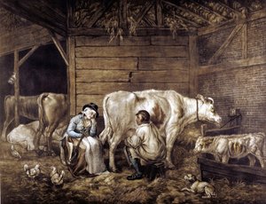 Cowshed mezzotint efter George Morland (1763-1804) engelsk kunstner. Cowman malker i spand. Mælkepigen venter og holder åg, som spande bæres på. Høloft: Lanterne: høns. Mælkepiger 