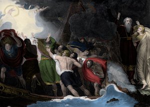 Prospero og Miranda, til højre, står på øen, mens sømændene er skibbrudne