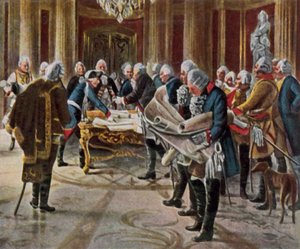 Frederik den Store holder krigsråd med sine generaler, august 1756 (forstærket farvelitografi) af George (after) Schobel