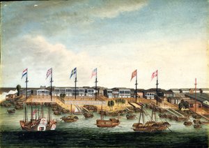 The Hongs at Canton, før 1820 (olie på elfenben) af George (follower of) Chinnery