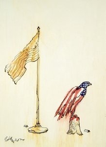 American Eagle får amerikansk flagfarvning, 1985 (pen & farvevask ombord) af George Adamson