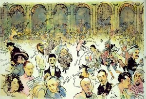 Berømte ansigter udenfor Florians på Piazza San Marco, Venedig, ca. 1990 (gouache på hardboard med blæk på acetat-overlay) af George Adamson