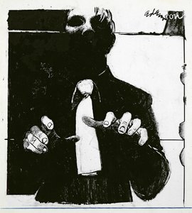 Illustration for Nursing a Blind Patient en artikel i Nursing Times, offentliggjort 30. oktober 1975 (blæk på acetat) af George Adamson