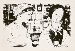 Jane Austen (1775-1817) og Charlotte Bronte (1816-55) - et imaginært møde (indisk blæk om bord) af George Adamson