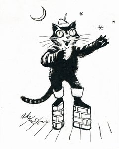 Puss in (murstensplatform) støvler (blæk på gennemsigtighed over hvidt kort) af George Adamson