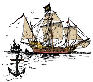 Et piratskib ud for Turtle Island i det Caribiske Hav Illustration fra "Drengens bog om pirater og de store havrovere"" af George Albert Williams (1875-1932) 1900