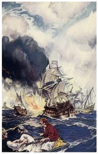 Brulot sigtelse af sprængstof kaster mod et skib Illustration fra "" Pirates of Panama or The Buccaneers of America"" af George Albert Williams (1875-1932) 1914