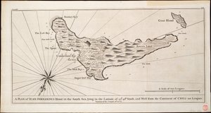 En plan over øen Iuan Fernandes i Sydhavet, der ligger på breddegraden 33d. 40m. syd, og vest for det chilenske kontinent 110 sømil, ca. 1750 (stik) af George Anson