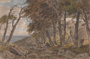 Figurer på bredden af en skovklædt bane, med havet i afstand til venstre af George Barret Jr.