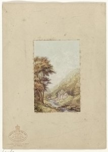 Bakket landskab med et vandløb Water Mill on the Wye (titel på objekt) af George Baxter