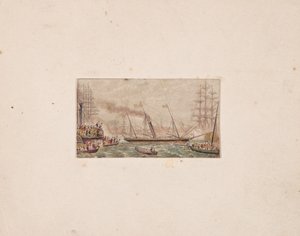 Nålebokstryk: Den kongelige flåde i Kilkenny Bay (?) af George Baxter
