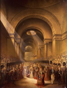 Hendes allernådigste Majestæt Dronning Victorias ankomst til House of Lords for at åbne sit første parlament (print) af George Baxter