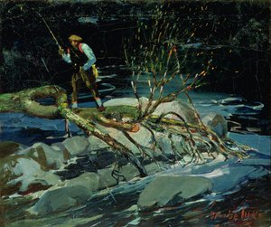 Ørredfiskeri (olie på lærred) af George Benjamin Luks