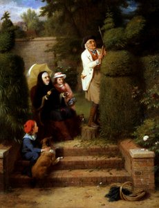 I haven. I haven: En bedstemor og hendes to små børn ser deres bedstefar beskære en dyrebusk i haven. Maleri af George Bernard O`Neill (1828-1917, britisk) Privat samling