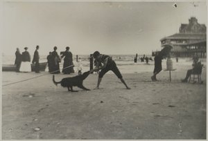 Dreng og hund, Iron Pier, Coney Island, Brooklyn, ca. 1885 (trykt gelatinesølvtryk)