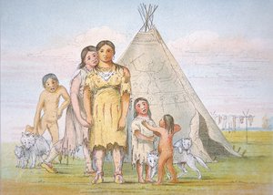En Comanche-familie uden for deres tipi af George Catlin