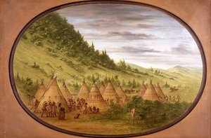 En Ojibwe-landsby med telte af skind af George Catlin