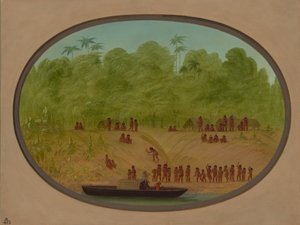 An Omagua Village - Boat Skitse, 18541869. af George Catlin