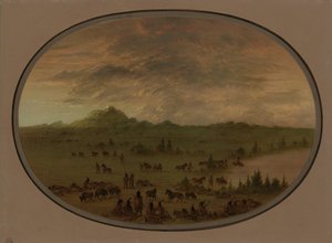 Bivuak af en Sioux-krigsfest ved solopgang, 18611869. af George Catlin