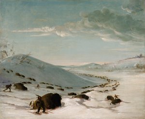 Buffalo Chase in Winter, indianere på snesko, 1832-1833. af George Catlin