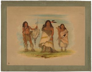 Comanche Chief, His Wife and a Warrior, 1861 (olie på kort monteret på pap) af George Catlin