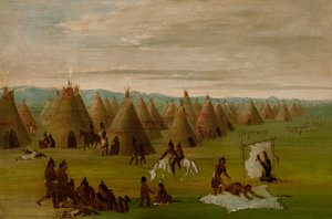 Comanche Village, kvinder klæder rober og tørrer kød, 1834-1835. af George Catlin