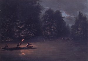 Hjortejagt i fakkellys i bark-kanoer af George Catlin