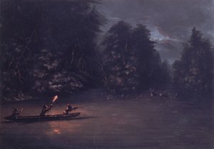 Hjortejagt ved fakkel i barkkanoer, 1846-1848. af George Catlin