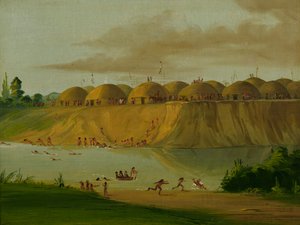 Hidatsa Village, Jorddækkede Lodges, ved Knife River, 1810 Miles over St. Louis, 1832. af George Catlin