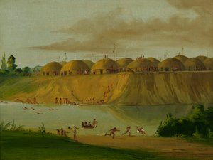 Hidatsa-landsby, jorddækkede hytter, ved Knife River, 1810 miles over St. af George Catlin