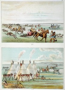 Indians of America: (øverste) stamme flytter med skind til salg. (Bund) stamme på 500 til 600 tipi. Illustration af George Catlin (1794-1872) af George Catlin