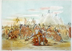 Indians of America: Assiniboin-stamme, der ligner Sioux-dansende pibedans. Illustration af George Catlin (1794-1872) af George Catlin