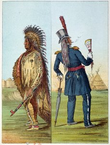 Indians of America: Indisk assiniboine-dyrlæge i militær i sine lommer to flasker whisky. Illustration af George Catlin (1794-1872) af George Catlin