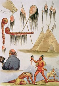 Skalpering og dekorativ brug af hovedbund (akvarel på papir) af George Catlin