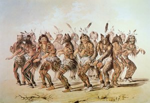 Sioux Bear Dance (farve litho) af George Catlin