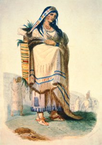 Sioux mor med baby i et vuggebord (farve litho) af George Catlin