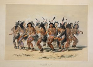 The Bear Dance, pub. 1845 farvelitografi. af George Catlin