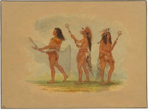 Tre fejrede boldspillere - Choctaw, Sioux og Ojibbeway af George Catlin