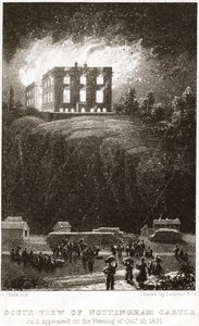 Nottingham Castle i brand, set fra syd, 1831 af George Childs