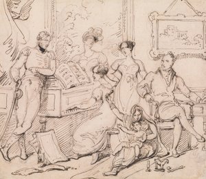 En familiegruppe omkring et klaver af George Chinnery