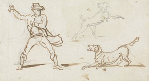 En mand, der kaster en bold til en hund (pen og grafit på papir) af George Chinnery