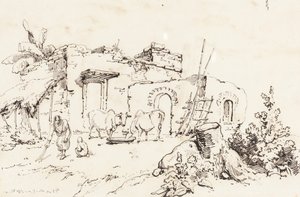 En landsbyscene i Indien [verso] af George Chinnery