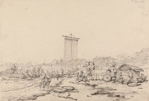 Kystscene med fiskere og bygninger, Macao