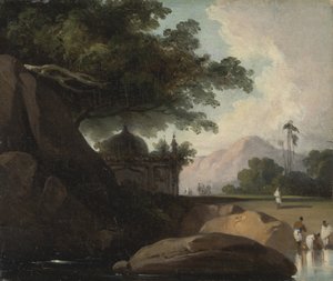 Indisk landskab med tempel af George Chinnery