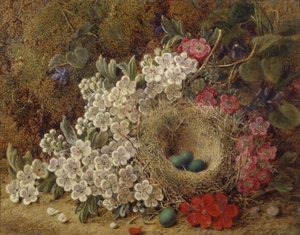 En fugl reder og blomstrer på en mosbevokset bank (olie)