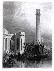 The Shot Tower og Waterloo Bridge, graveret af G. Cooke af George Clarkson (after) Stanfield